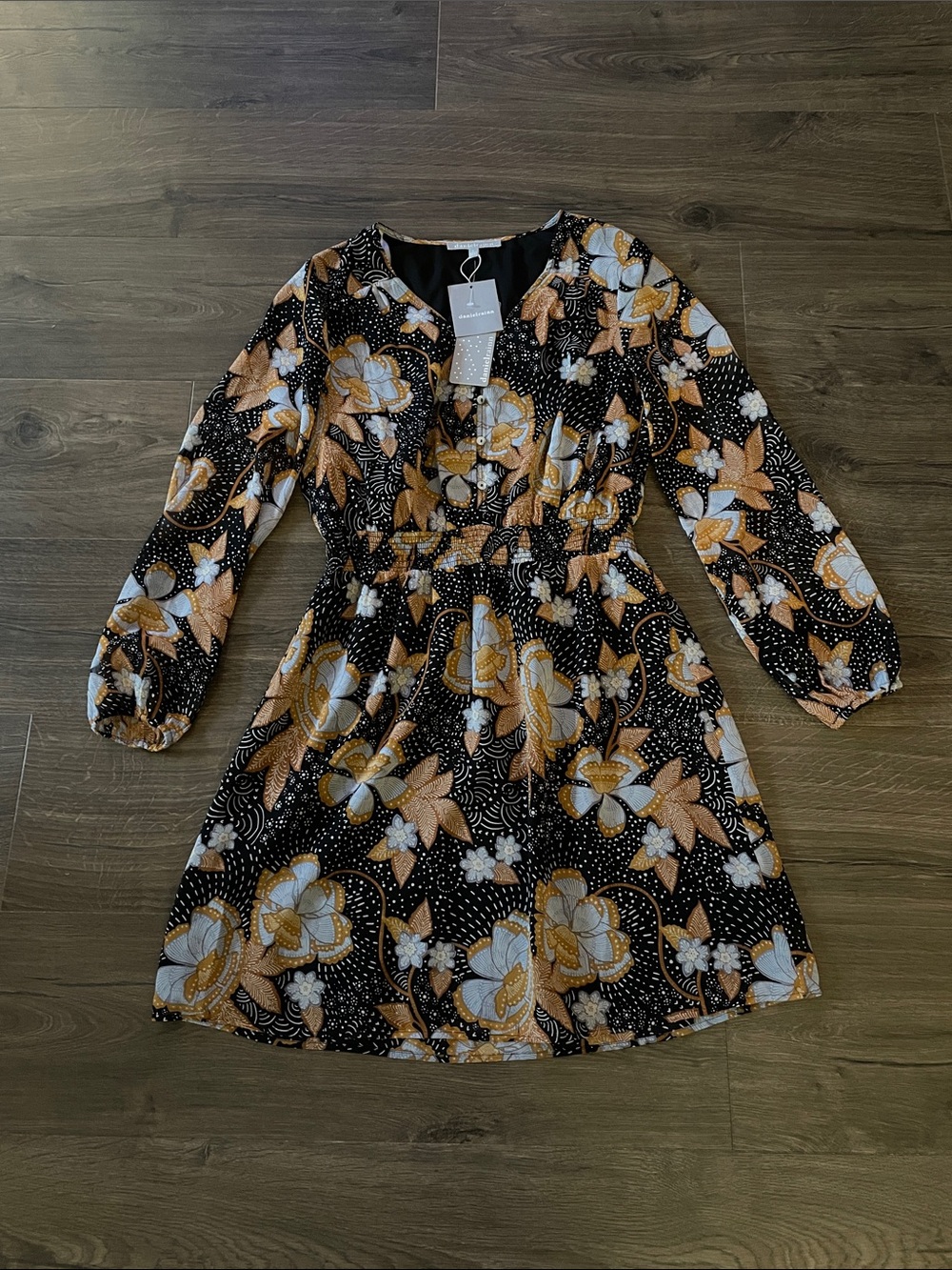 NWT Daniel Rainn Black Dress with Mustard & Light Blue Floral Print, Size Small